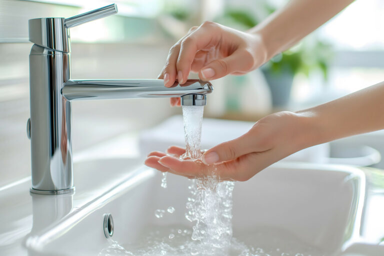 Person washing hands under a modern faucet in a bathroom, promoting hygiene, cleanliness, and water conservation in everyday household routines Person washing hands under a modern faucet in a bathroom, promoting hygiene, cleanliness, and water conservation in everyday household routines